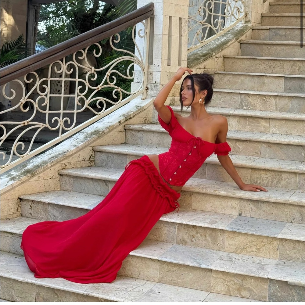 Outcast red lubela maxi skirt and corset top